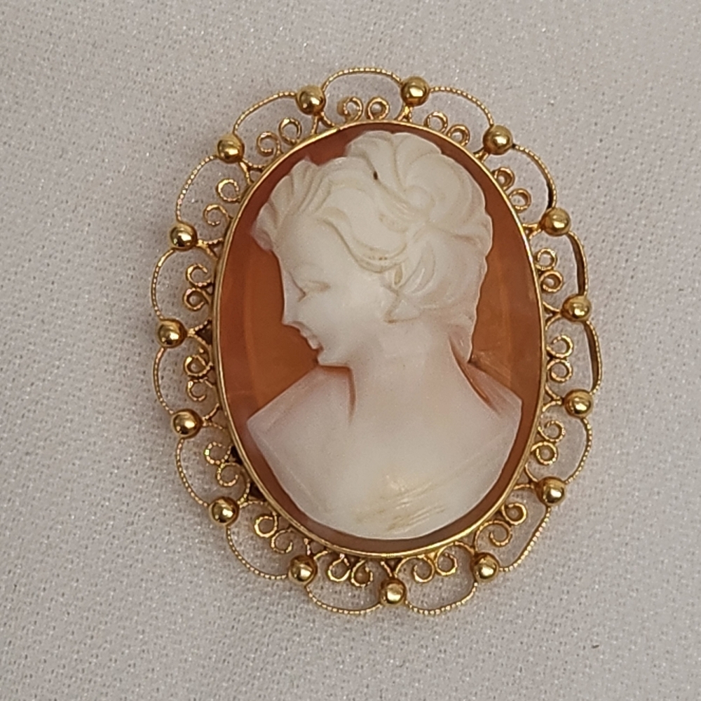 Alice Caviness Cameo Brooch Set In 12K GE Carved Shell